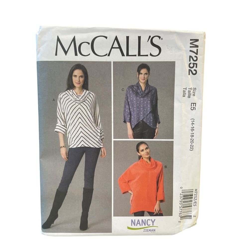 McCALL'S M7252 Misses' Tops Size 14-22 Modern Loose Fit Pullover